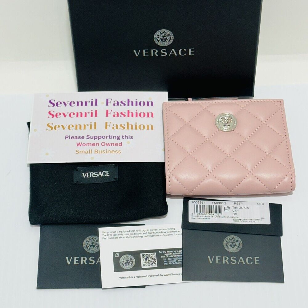 Versace Medusa Light Pink Silver Hardware Bifold Quilted Leather Wallet NWT $625